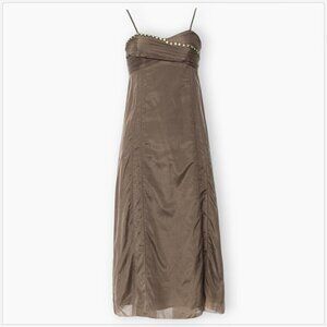 Stella & Jamie Taupe Tan Silk Cotton Empire Waist Rhinestone Slip Dress NEW L